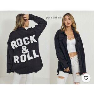 Veveret Womens Rock & Roll Graphic Black Denim Shacket Distressed Large